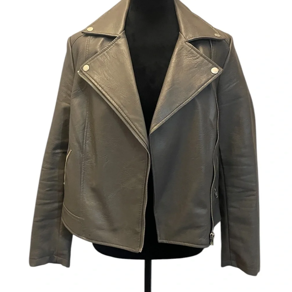 Women's Gray Motorcycle faux Leather,Biker Jacket,Large - Picture 6 of 7